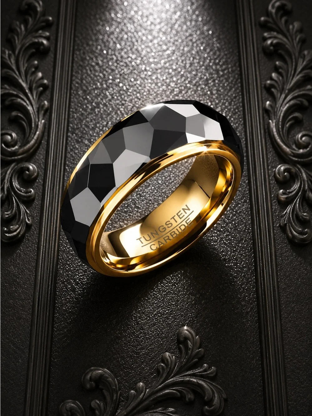 Wide Faceted Cut Geometric Tungsten Carbide Wedding Rings For Men